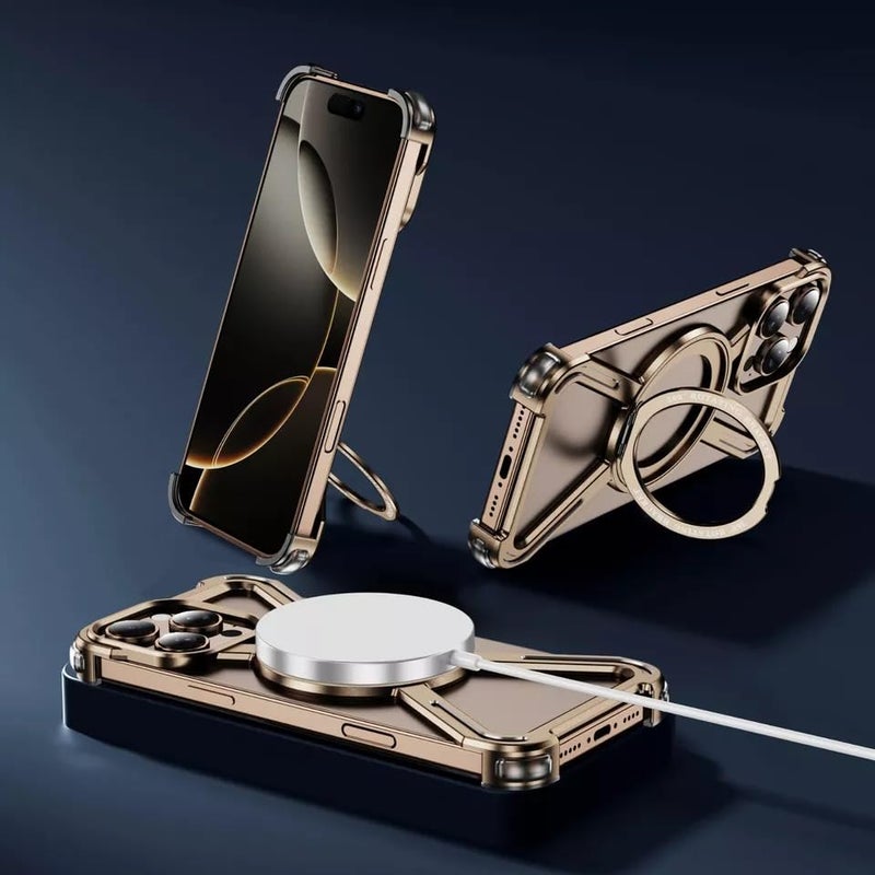 Tech Trendz Aluminium Alloy Magnet Bracket Case with Framless Corner Protectitive Design Cover Compatible with iPhone 16 Pro, 360 Rotated Stand Bumper Case - Desert Titanium - Image 3