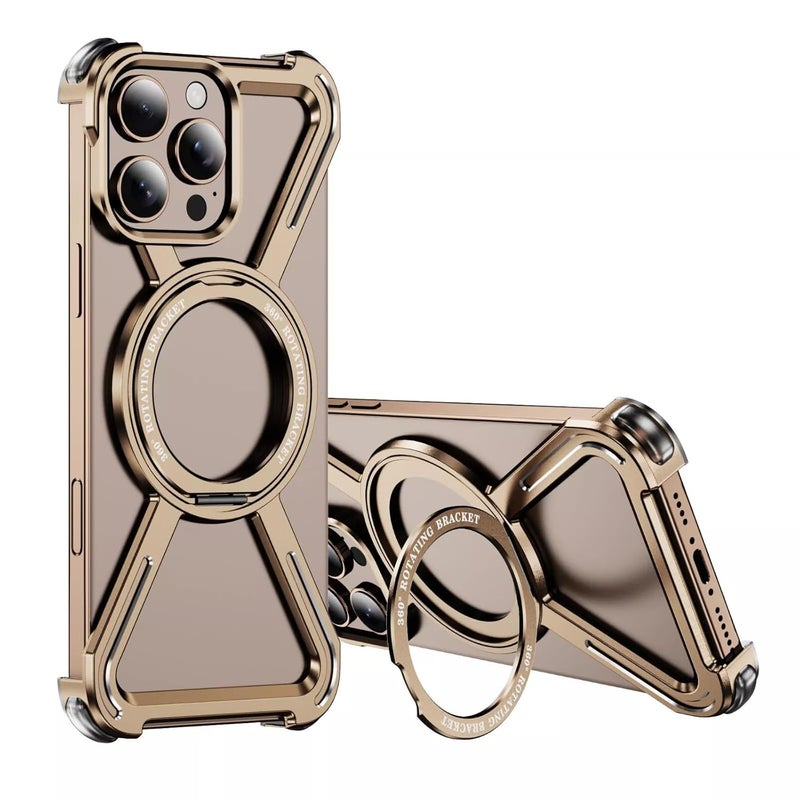 Tech Trendz Aluminium Alloy Magnet Bracket Case with Framless Corner Protectitive Design Cover Compatible with iPhone 16 Pro, 360 Rotated Stand Bumper Case - Desert Titanium - Image 1