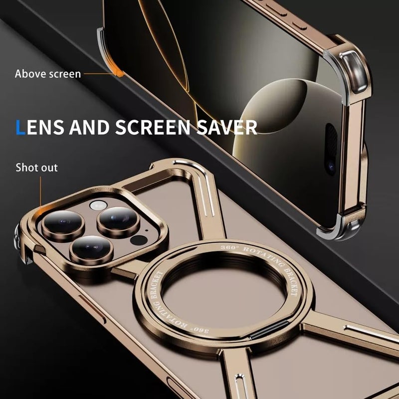 Tech Trendz Aluminium Alloy Magnet Bracket Case with Framless Corner Protectitive Design Cover Compatible with iPhone 16 Pro, 360 Rotated Stand Bumper Case - Desert Titanium - Image 2