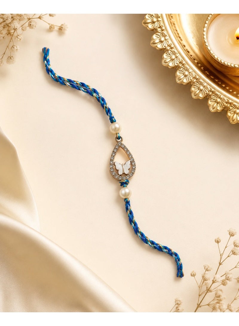Embellished Butterfly Teardrop Rakhi with Pearl Beads, Blue Braided Thread for Bhai