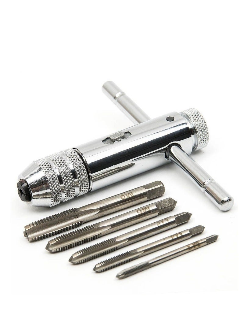 XiuWoo Adjustable Silver T Handle Ratchet Tap Holder Wrench with 5pcs M3 M8 3mm 8mm Machine Screw Thread Metric Plug shaped - Image 1