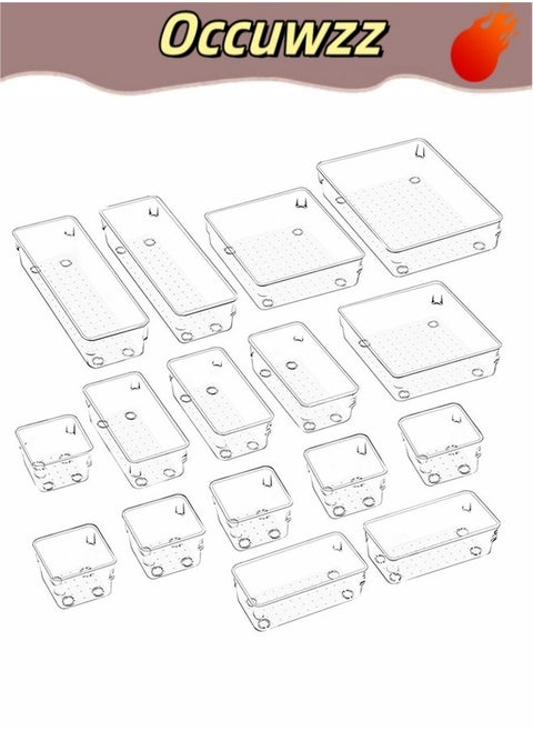 16 Pcs Clear Drawer Organizer Tray 5 Size Plastic Desk Drawer Organizations Set