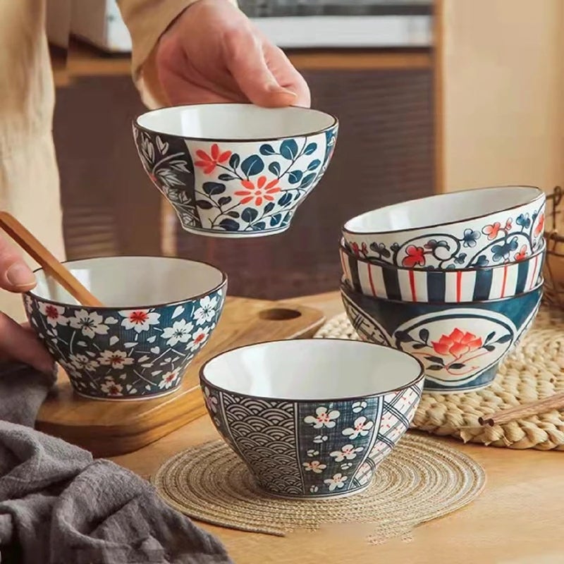 Krivety Janpanese Style Premium Porcelain Cereal Bowls with Gift Set, 300ml Ceramic Bowls for Cereal,Soup,Pasta,Oatmeal,Salad,Rice, Microwave and Dishwasher Safe (Pack of 6 (Set - 2)) - Image 2