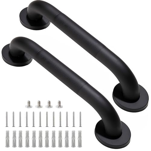 Rackickyer Shower Grab Bar, 2 Pack 12 Inch Black Bathroom Grab Bar, 1.25" Diameter 304 Stainless Steel Anti-Slip Grab Bars for Bathtubs and Showers, Handicap Shower Grab Bar for Seniors Elderly - Image 1
