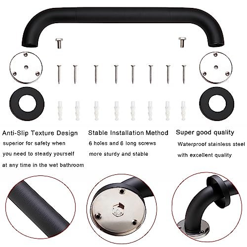 Rackickyer Shower Grab Bar, 2 Pack 12 Inch Black Bathroom Grab Bar, 1.25" Diameter 304 Stainless Steel Anti-Slip Grab Bars for Bathtubs and Showers, Handicap Shower Grab Bar for Seniors Elderly - Image 3