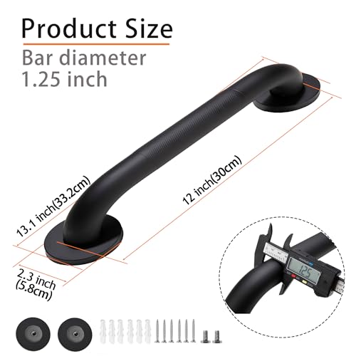 Rackickyer Shower Grab Bar, 2 Pack 12 Inch Black Bathroom Grab Bar, 1.25" Diameter 304 Stainless Steel Anti-Slip Grab Bars for Bathtubs and Showers, Handicap Shower Grab Bar for Seniors Elderly - Image 2
