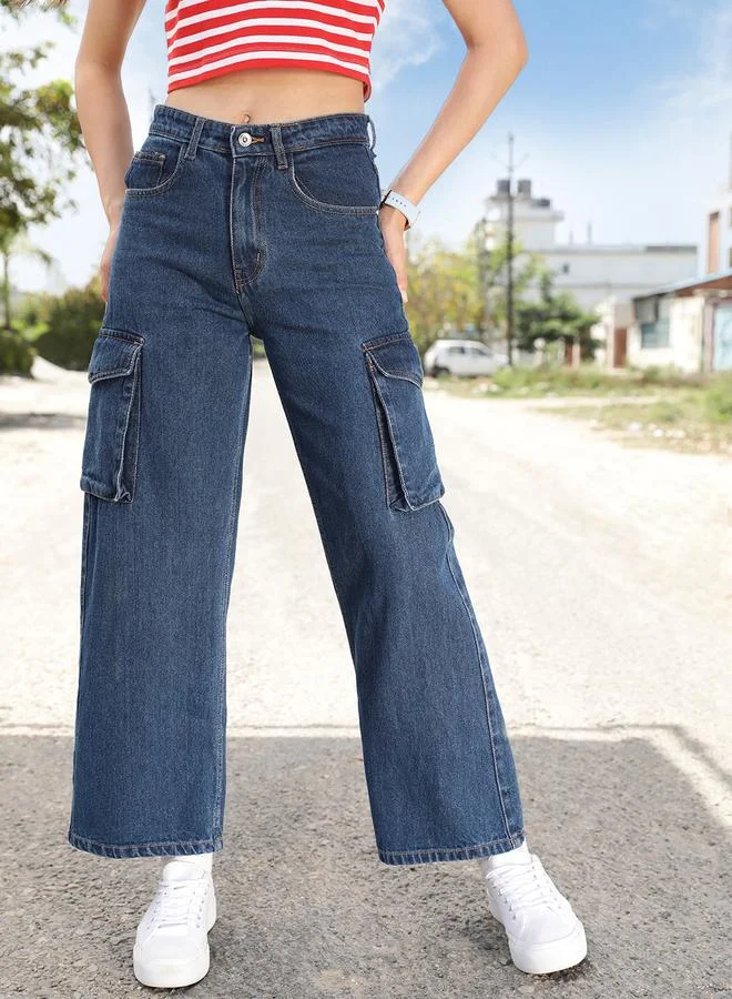 STREET 9 STREET 9 High Rise Wide Leg Cotton Jeans with Pockets