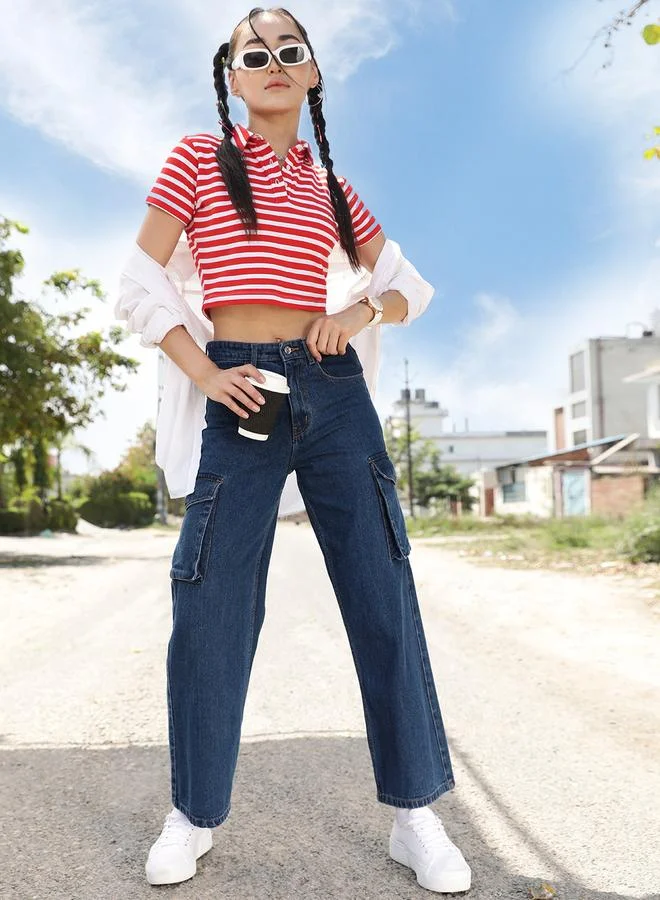 STREET 9 STREET 9 High Rise Wide Leg Cotton Jeans with Pockets