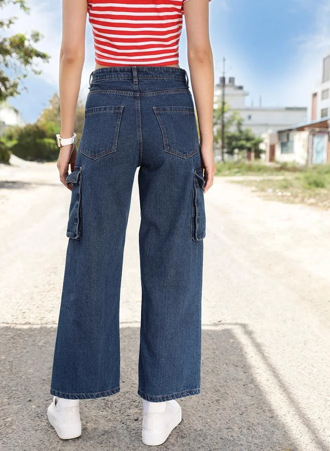 STREET 9 STREET 9 High Rise Wide Leg Cotton Jeans with Pockets