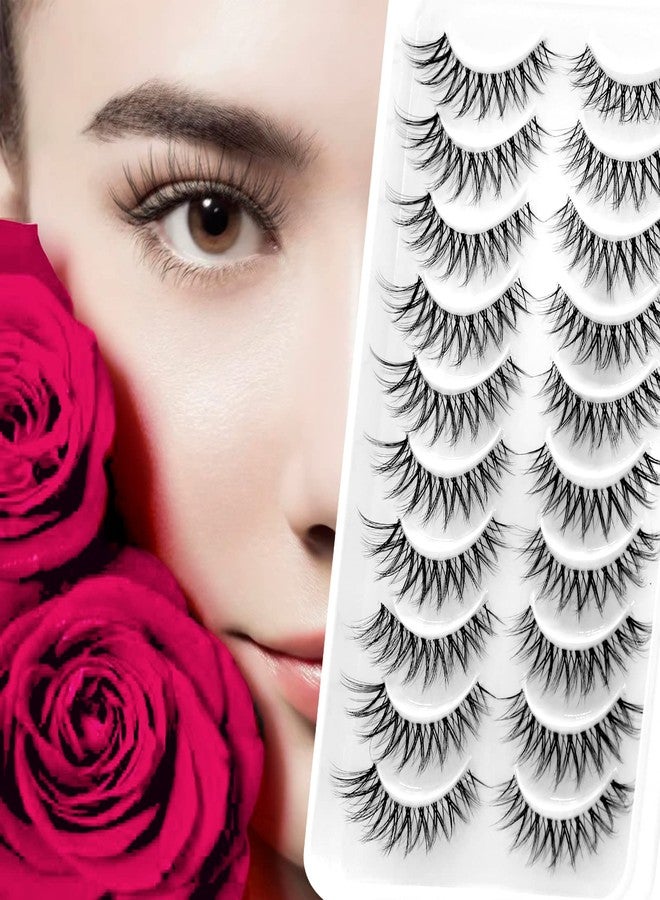 Bershnor False Lashes 3D Cat-Eye Volume Eyelashes Clear Band Lashes Natural Look Faux Mink Invisible Strip Wispy Fake Lashes 10 Pairs - Image 1