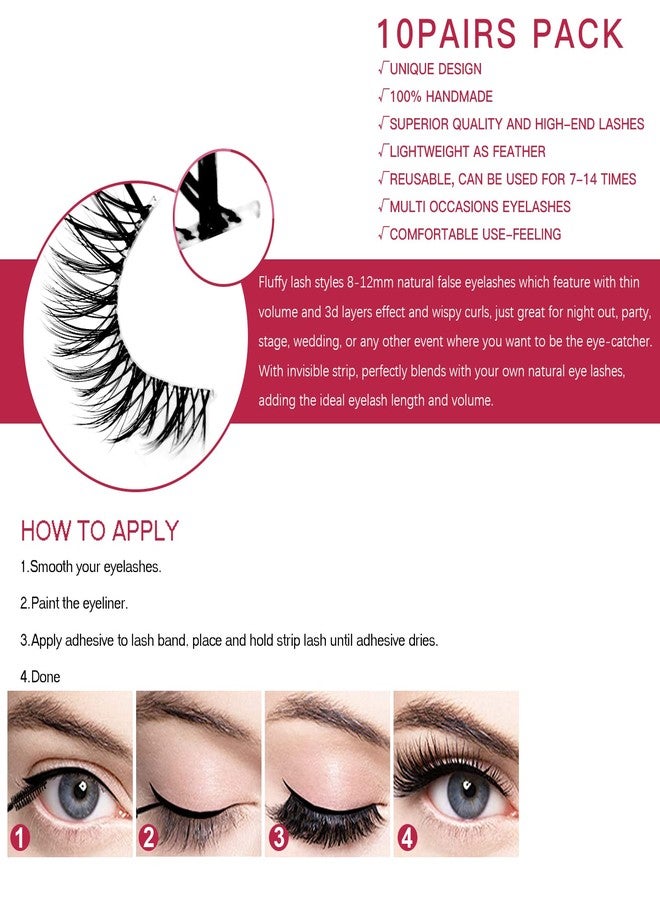 Bershnor False Lashes 3D Cat-Eye Volume Eyelashes Clear Band Lashes Natural Look Faux Mink Invisible Strip Wispy Fake Lashes 10 Pairs - Image 5