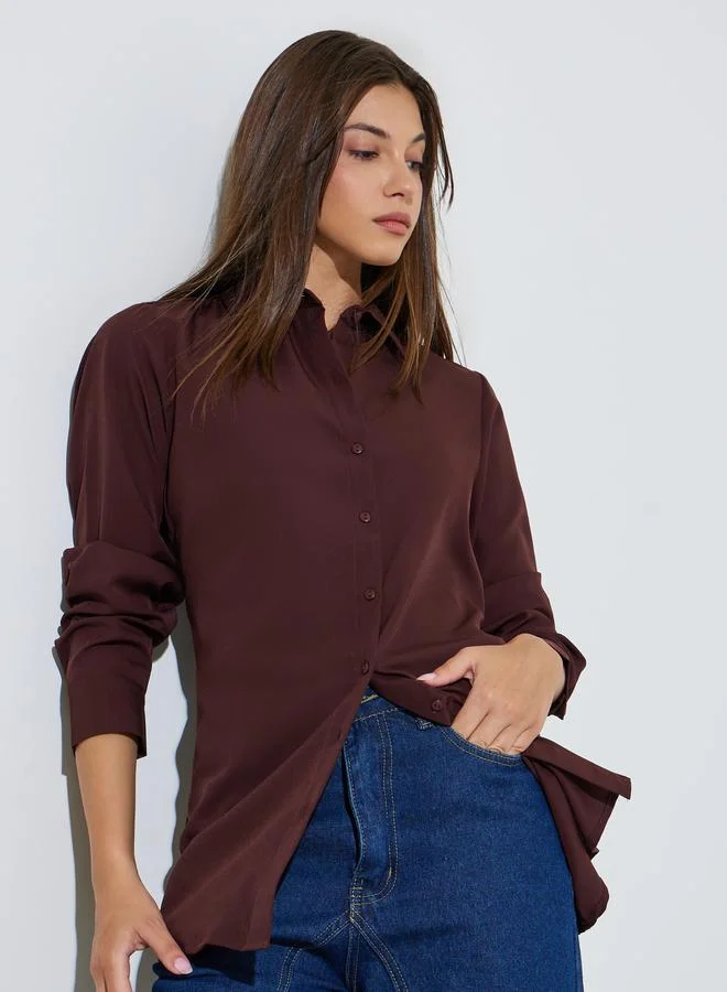 ستايلي Brown Button Front Woven Longline Shirt