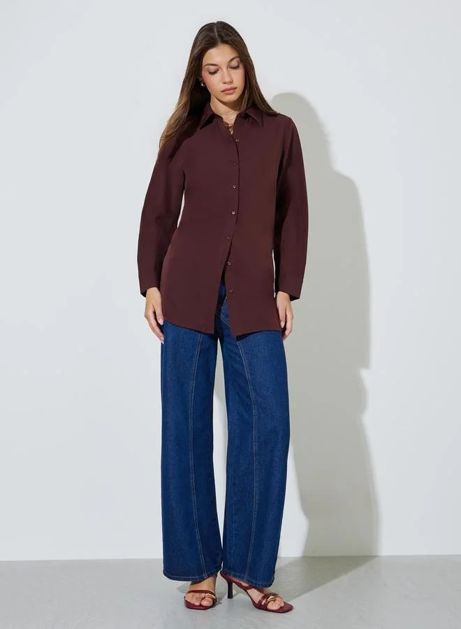 ستايلي Brown Button Front Woven Longline Shirt