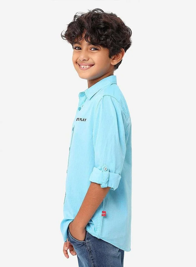 Bonkids Regular Long Sleeve Printed Blue Cotton Shirt 100 % Cotton