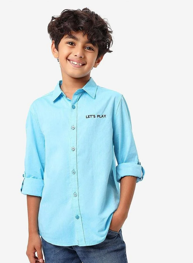 Bonkids Regular Long Sleeve Printed Blue Cotton Shirt 100 % Cotton