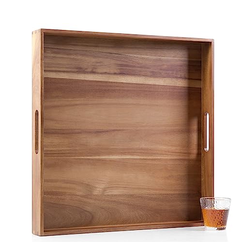 Decent Vrvege Extra Large Square Wood Tray, Generously 22" Acacia Serving Trays for Large Ottoman Coffee Table, Giant Square Shape Sofa Tray with Handles, Kitchen Organizer Storage Trays Huge Counter Serveware - Image 1