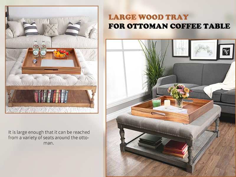 Decent Vrvege Extra Large Square Wood Tray, Generously 22" Acacia Serving Trays for Large Ottoman Coffee Table, Giant Square Shape Sofa Tray with Handles, Kitchen Organizer Storage Trays Huge Counter Serveware - Image 3