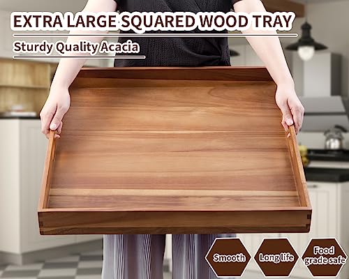 Decent Vrvege Extra Large Square Wood Tray, Generously 22" Acacia Serving Trays for Large Ottoman Coffee Table, Giant Square Shape Sofa Tray with Handles, Kitchen Organizer Storage Trays Huge Counter Serveware - Image 2