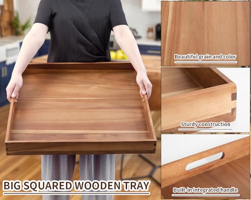 Decent Vrvege Extra Large Square Wood Tray, Generously 22" Acacia Serving Trays for Large Ottoman Coffee Table, Giant Square Shape Sofa Tray with Handles, Kitchen Organizer Storage Trays Huge Counter Serveware - Image 4