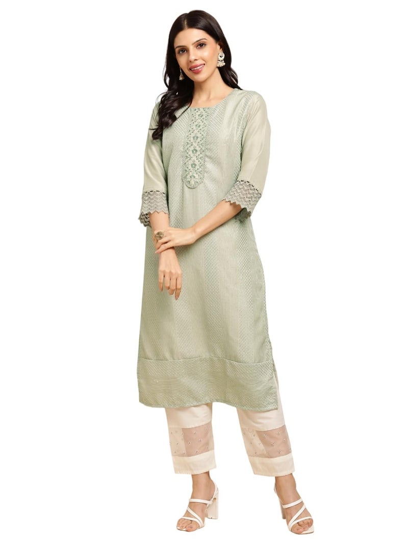 RATAN Women's Art Silk Straight Lucknowi Chikankari Ethnic Wear Kurta (FIZA-807-Medium_Grey) - Image 1