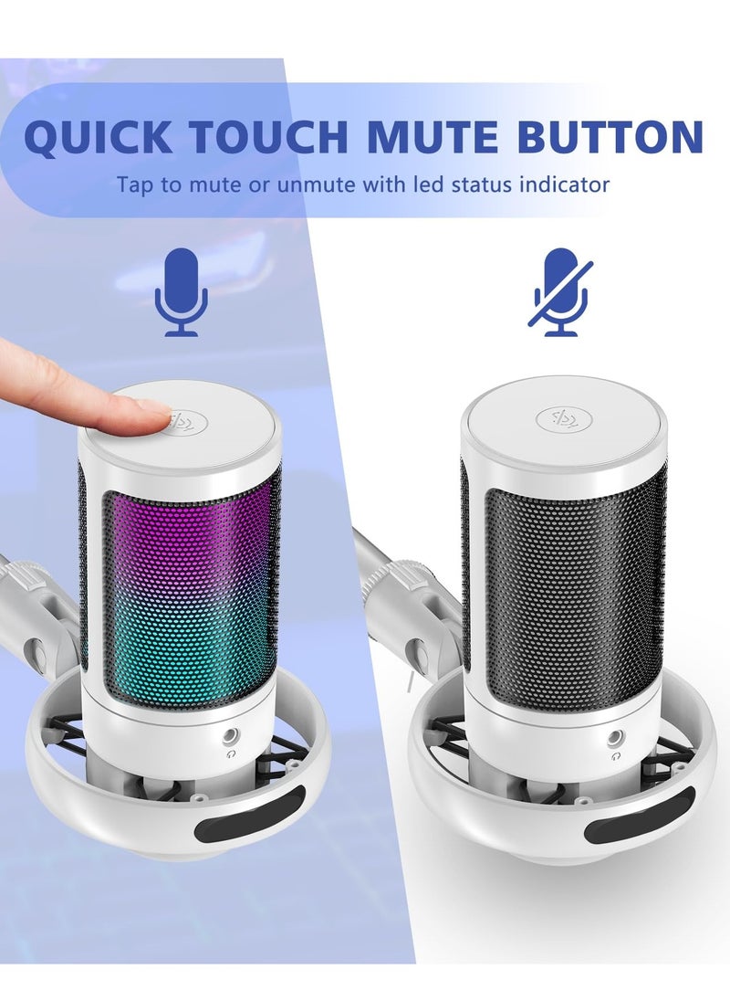 XiuWoo - USB Microphone for PC, Condenser Microphone with Touch Mute, RGB Lighting, Gaming Mic for PS4/ PS5/ Mac/Phone, Gain knob and Monitoring Jack for Streaming, Podcasting, with Desktop Stand, White - Image 1