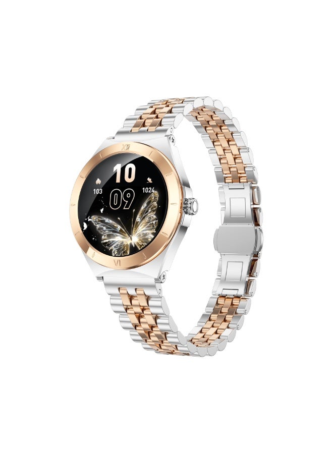 iOsuite Elegant Smart Watch 1.19” AMOLED Ultra-Thin | Bluetooth Calling | Heart Rate, BP, SpO2, Female Health | IP68 Waterproof | Android & iOS – Gold Case with Bronze Silver Metal Strap – FAMO16 - Image 4