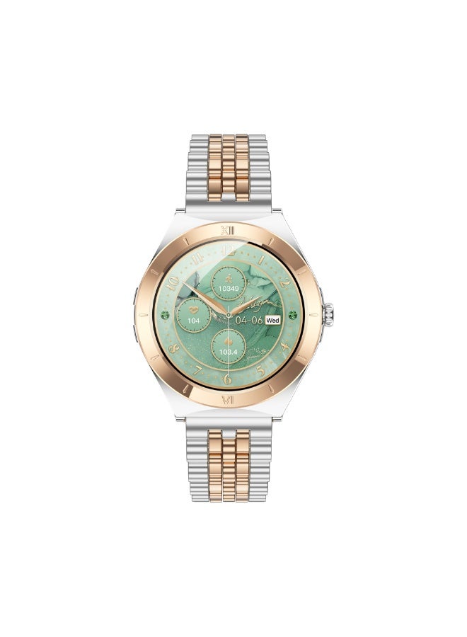 iOsuite Elegant Smart Watch 1.19” AMOLED Ultra-Thin | Bluetooth Calling | Heart Rate, BP, SpO2, Female Health | IP68 Waterproof | Android & iOS – Gold Case with Bronze Silver Metal Strap – FAMO16 - Image 2