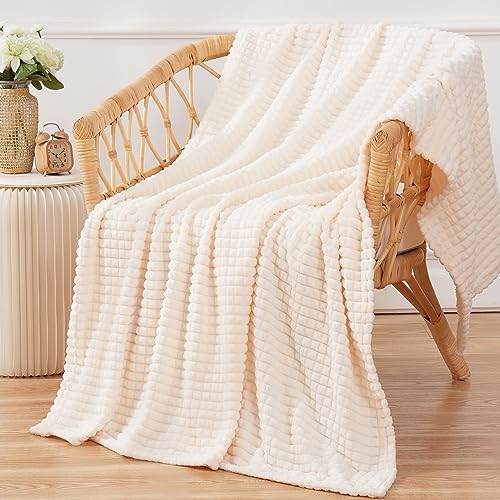 Puncuntex Flannel Fleece Throw Blanket Cream White 50"×60",Super Soft Plush Cozy Blanket with 3D Jacquard Square Grid Design Luxury for Couch Sofa Chair - Image 2