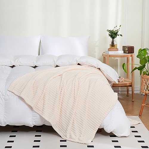 Puncuntex Flannel Fleece Throw Blanket Cream White 50"×60",Super Soft Plush Cozy Blanket with 3D Jacquard Square Grid Design Luxury for Couch Sofa Chair - Image 3