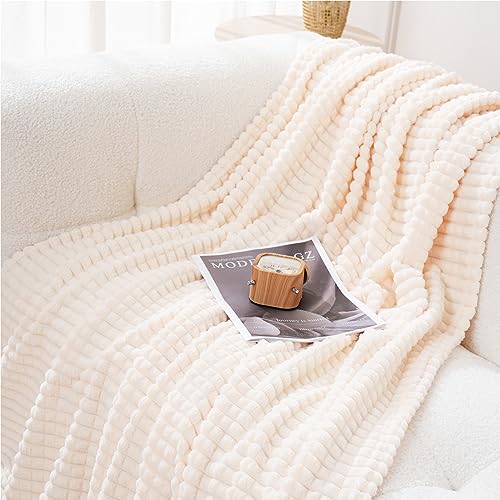 Puncuntex Flannel Fleece Throw Blanket Cream White 50"×60",Super Soft Plush Cozy Blanket with 3D Jacquard Square Grid Design Luxury for Couch Sofa Chair - Image 4