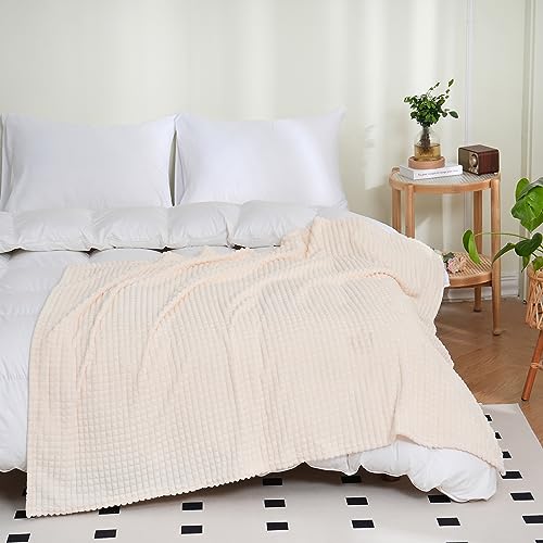 Puncuntex Flannel Fleece Throw Blanket Cream White 50"×60",Super Soft Plush Cozy Blanket with 3D Jacquard Square Grid Design Luxury for Couch Sofa Chair - Image 5