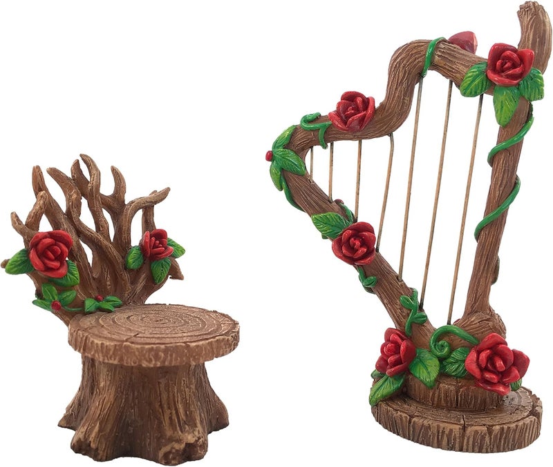 GlitZGlam Miniature Rose Harp and Chair Set for The Fairy Garden - Miniature Garden Accessory for The Fairy Figurines - Image 3