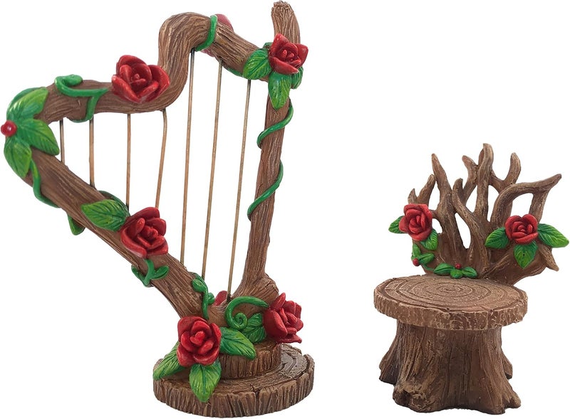 GlitZGlam Miniature Rose Harp and Chair Set for The Fairy Garden - Miniature Garden Accessory for The Fairy Figurines - Image 1