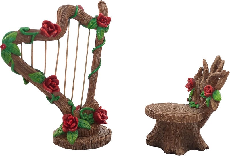 GlitZGlam Miniature Rose Harp and Chair Set for The Fairy Garden - Miniature Garden Accessory for The Fairy Figurines - Image 2