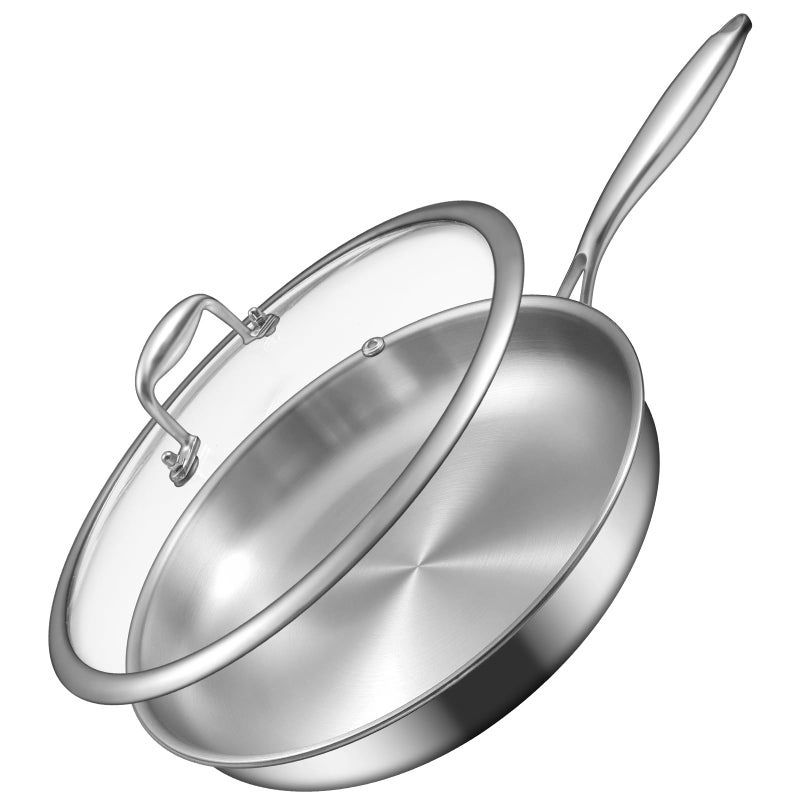 EWFEN 12 Inch Tri-Ply Stainless Steel Frying Pan, Compatible with All Cooktops Up to 600â„‰, Large Frying Pan with lids, Induction-Ready Skillet, Dishwasher and Oven Safe, Even Heat, 12" Skillet + Lid - Image 1