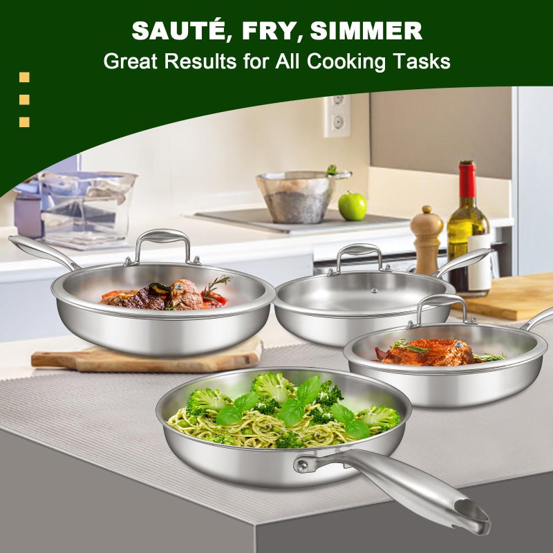 EWFEN 12 Inch Tri-Ply Stainless Steel Frying Pan, Compatible with All Cooktops Up to 600â„‰, Large Frying Pan with lids, Induction-Ready Skillet, Dishwasher and Oven Safe, Even Heat, 12" Skillet + Lid - Image 2