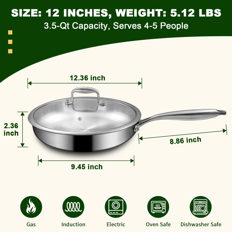 EWFEN 12 Inch Tri-Ply Stainless Steel Frying Pan, Compatible with All Cooktops Up to 600â„‰, Large Frying Pan with lids, Induction-Ready Skillet, Dishwasher and Oven Safe, Even Heat, 12" Skillet + Lid - Image 3