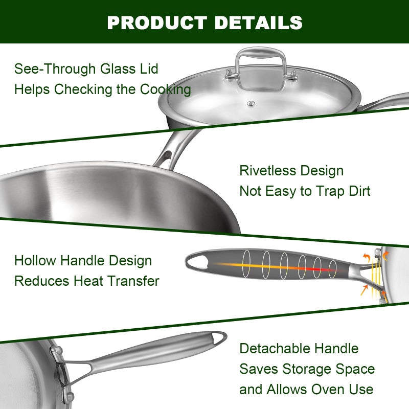 EWFEN 12 Inch Tri-Ply Stainless Steel Frying Pan, Compatible with All Cooktops Up to 600â„‰, Large Frying Pan with lids, Induction-Ready Skillet, Dishwasher and Oven Safe, Even Heat, 12" Skillet + Lid - Image 5