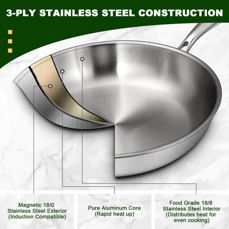 EWFEN 12 Inch Tri-Ply Stainless Steel Frying Pan, Compatible with All Cooktops Up to 600â„‰, Large Frying Pan with lids, Induction-Ready Skillet, Dishwasher and Oven Safe, Even Heat, 12" Skillet + Lid - Image 4