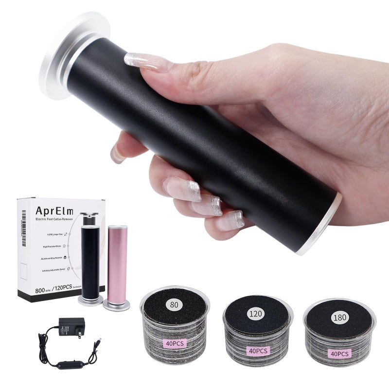 AprElm 4.8IN Longer Electric Foot Callus Remover with 120pcs Sandpaper Discs, Professional Aluminum Callus Remover for Feet, Stepless Speed Control Pedicure Tools for Dead Skin (Black-pro) - Image 1