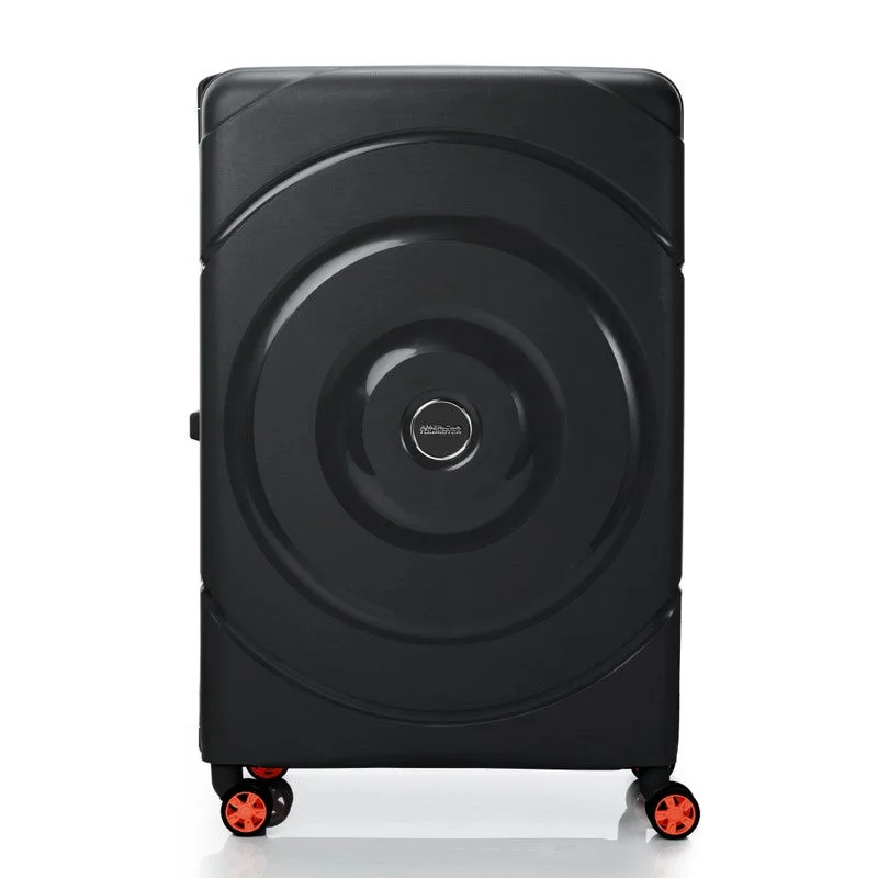 AMERICAN TOURISTER black Circurity Suitcase, Check-In Size 77 cm / 28 inch, 4 Spinner Wheels, Hard Top, Polypropylene, Black|Scratch & Impact Resistant Material|Lightweight|XtraSecu™ 3 Point Locking System|TSA Lock - 3 Years International Warranty  | Best Price UAE