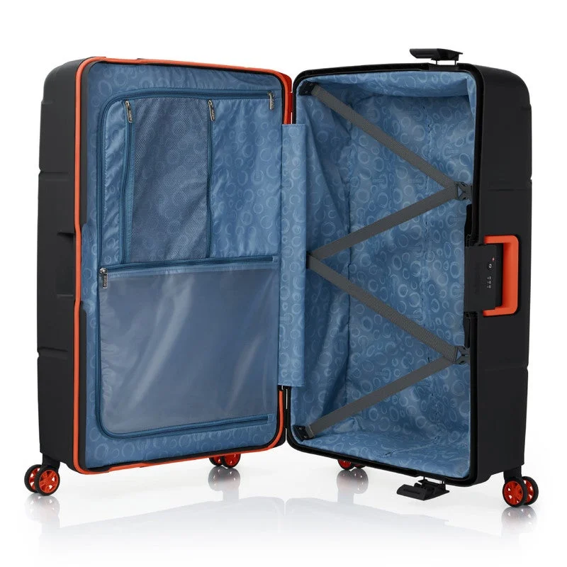AMERICAN TOURISTER black Circurity Suitcase, Check-In Size 77 cm / 28 inch, 4 Spinner Wheels, Hard Top, Polypropylene, Black|Scratch & Impact Resistant Material|Lightweight|XtraSecu™ 3 Point Locking System|TSA Lock - 3 Years International Warranty  | Best Price UAE