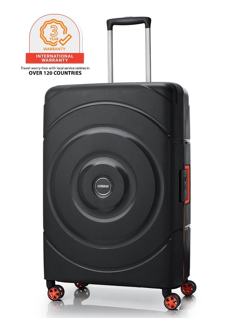 AMERICAN TOURISTER Circurity Suitcase, Check-In Size 77 cm / 28 inch, 4 Spinner Wheels, Hard Top, Polypropylene, Black|Scratch & Impact Resistant Material|Lightweight|XtraSecu™ 3 Point Locking System|TSA Lock - 3 Years International Warranty - Image 1