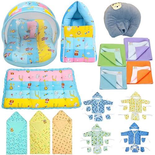 Infantbond by fareto Newborn Baby Bedding Essentials | Daily Needs Items | Hopsital kit Ready Combo | Baby Products All (Pack of 32) (0-6months) (Giffi Blue) - Image 1