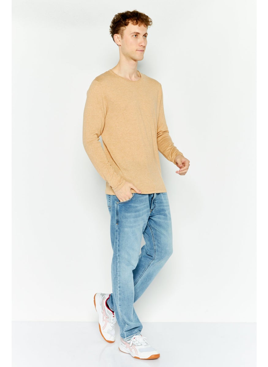 Selected Homme - Men Crew Neck Long Sleeve Heather Sweater, Tan - Image 1