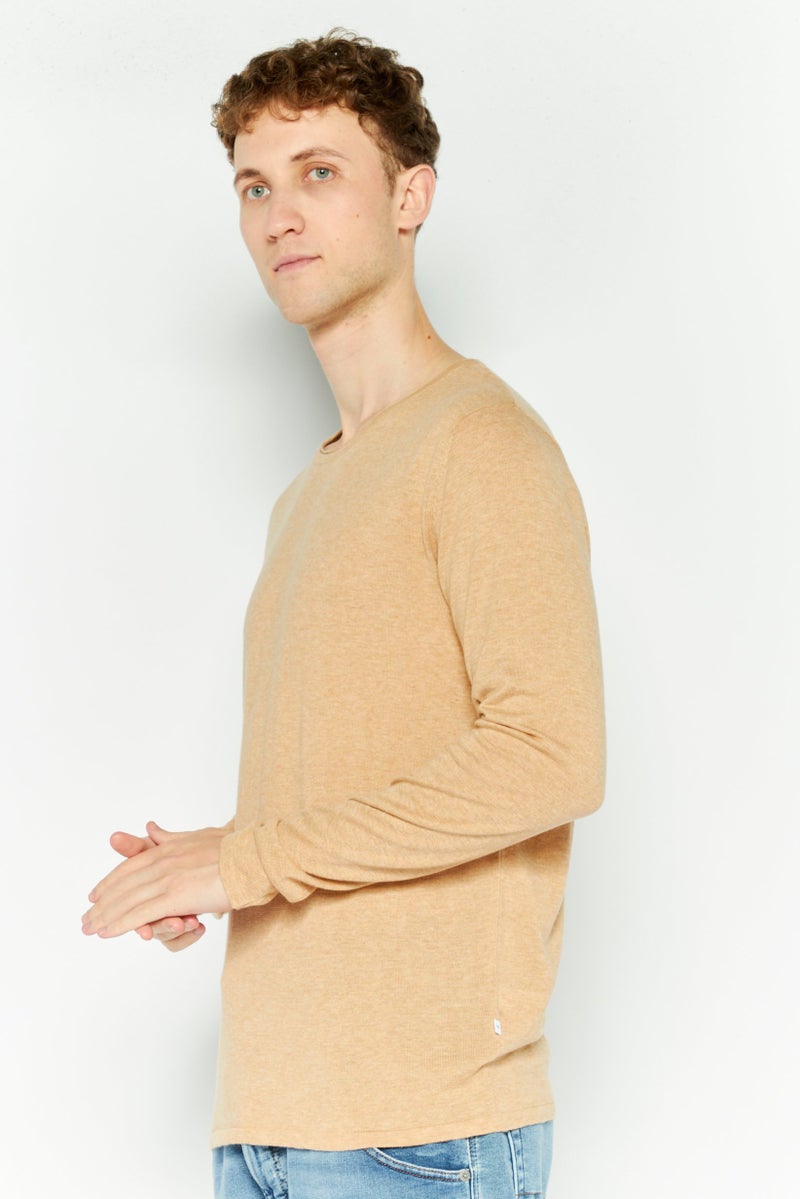 Selected Homme Men Crew Neck Long Sleeve Heather Sweater, Tan  - Image 3