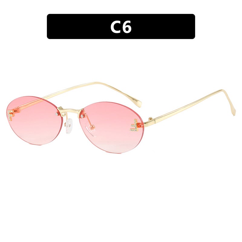 Generic Retro Oval F-Frame Edgeless Sunglasses for Women double powder