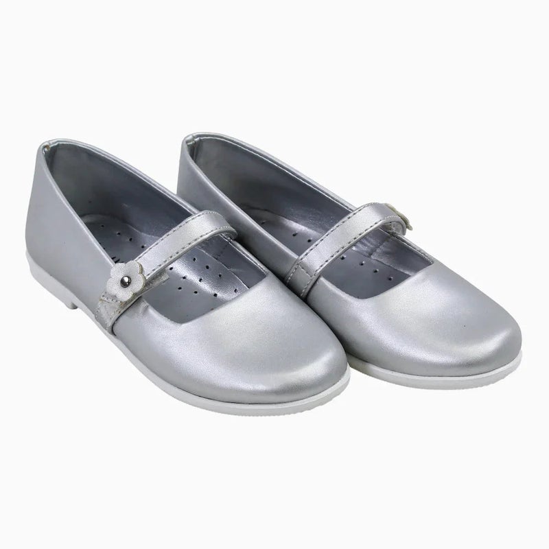BELLINO Girls Leather Ballerina - Silver - Image 1