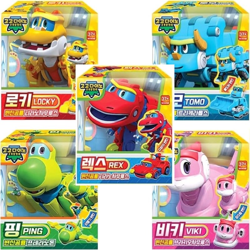 RaoNEE GOGO Dino REX TOMO Viki PING LOCKY 5Piece Set TwoStage Transformation Dinosaur Robot Mini Size GOGODINO