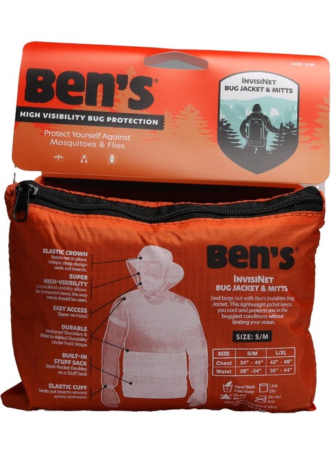 Ben's InvisiNet Bug Jacket & Mitts - Durable & Comfortable Insect Protection for Outdoor Activities - Fine Mesh Bug Net with High-Visibility - S/M